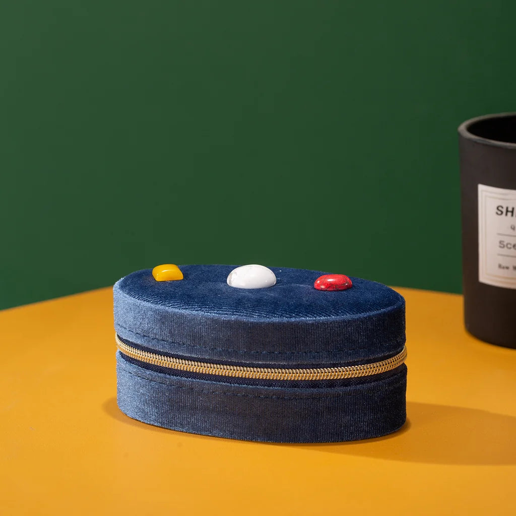 Oval Velvet Travel Jewelry Case with Gem Accents