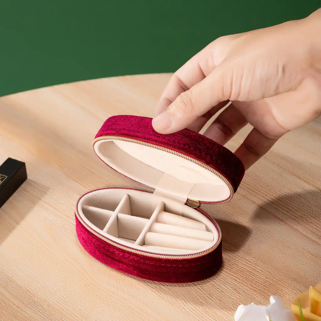 Oval Velvet Travel Jewelry Case with Gem Accents