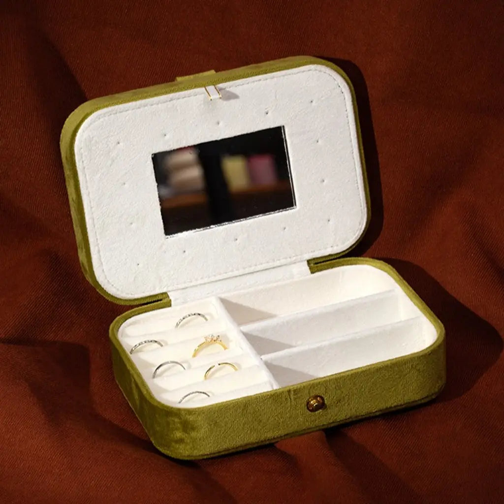 Rectangular Velvet Jewelry Case with Mirror and Natural Stone Accent