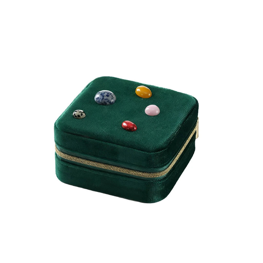 Square Velvet Travel Jewelry Case with Mirror and Gem Accents