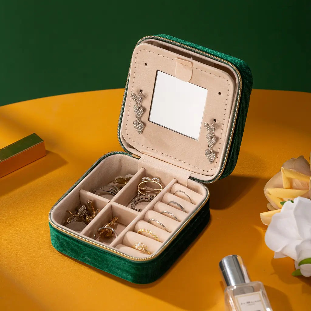 Square Velvet Travel Jewelry Case with Mirror and Gem Accents