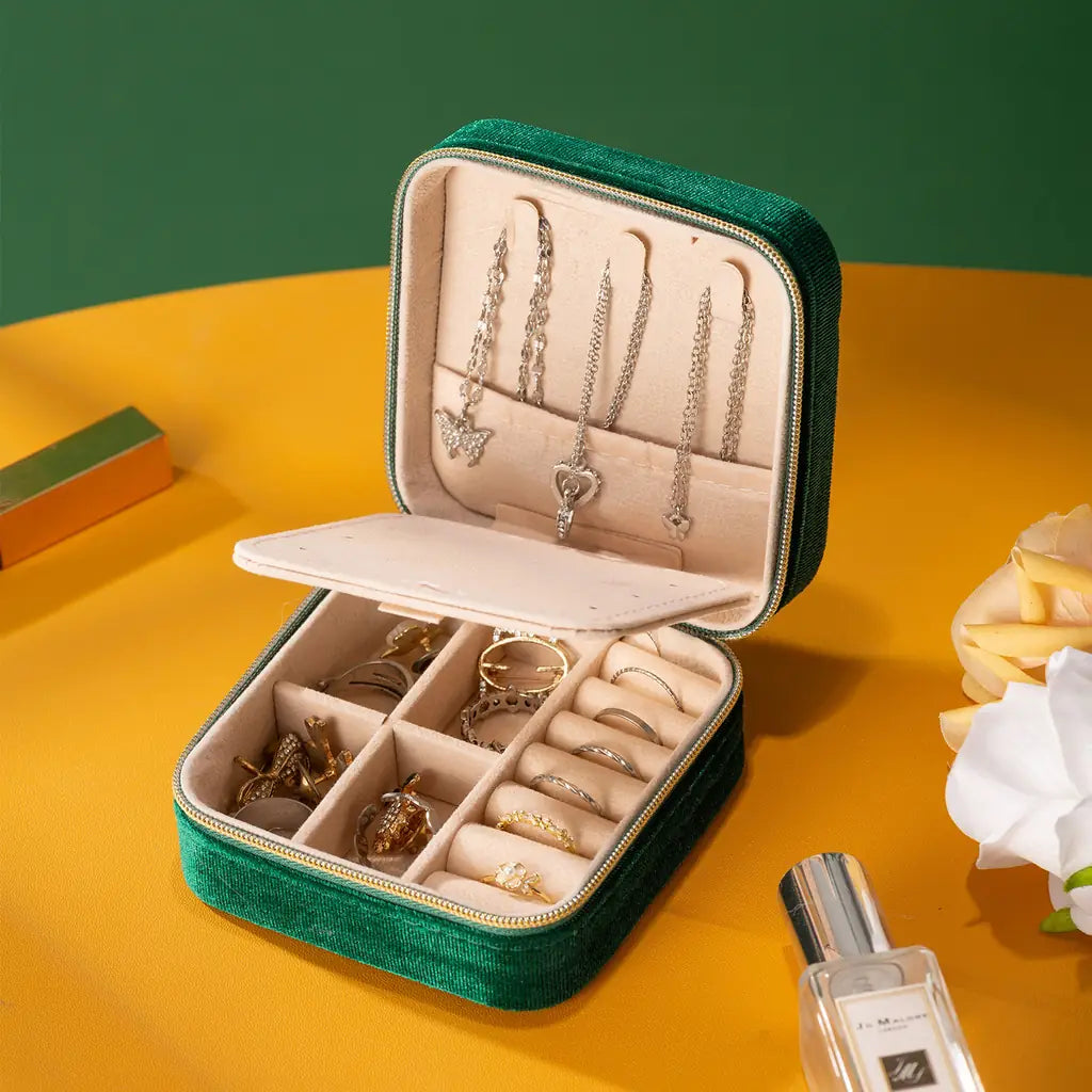Square Velvet Travel Jewelry Case with Mirror and Gem Accents