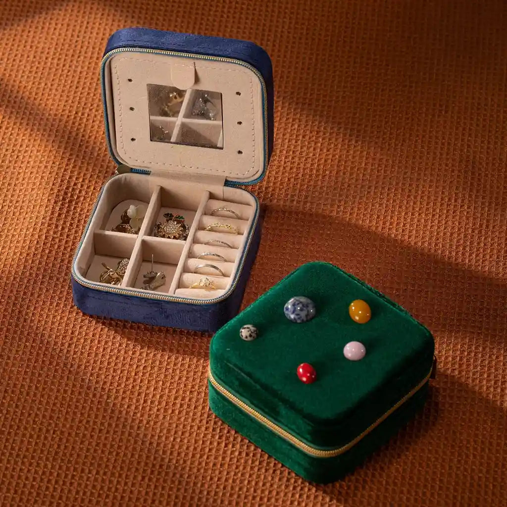 Square Velvet Travel Jewelry Case with Mirror and Gem Accents