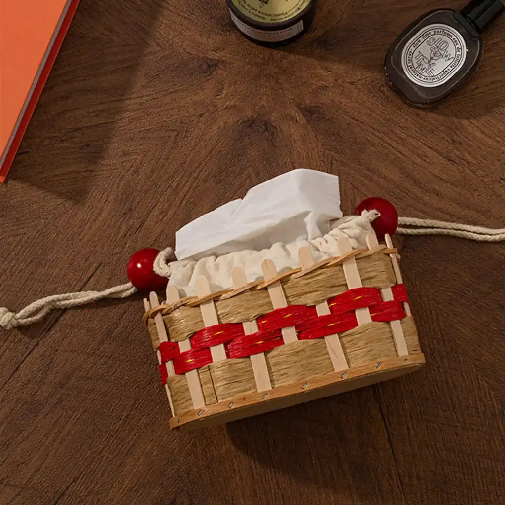 Woven Wood & Rattan Tissue Box Cover with Canvas Inner Pouch