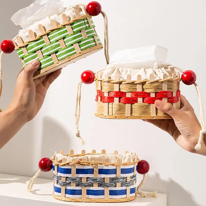 Woven Wood & Rattan Tissue Box Cover with Canvas Inner Pouch