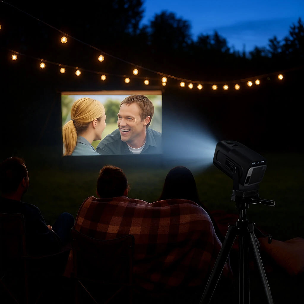 VistaCube projector and screen set up for a cozy backyard movie night.