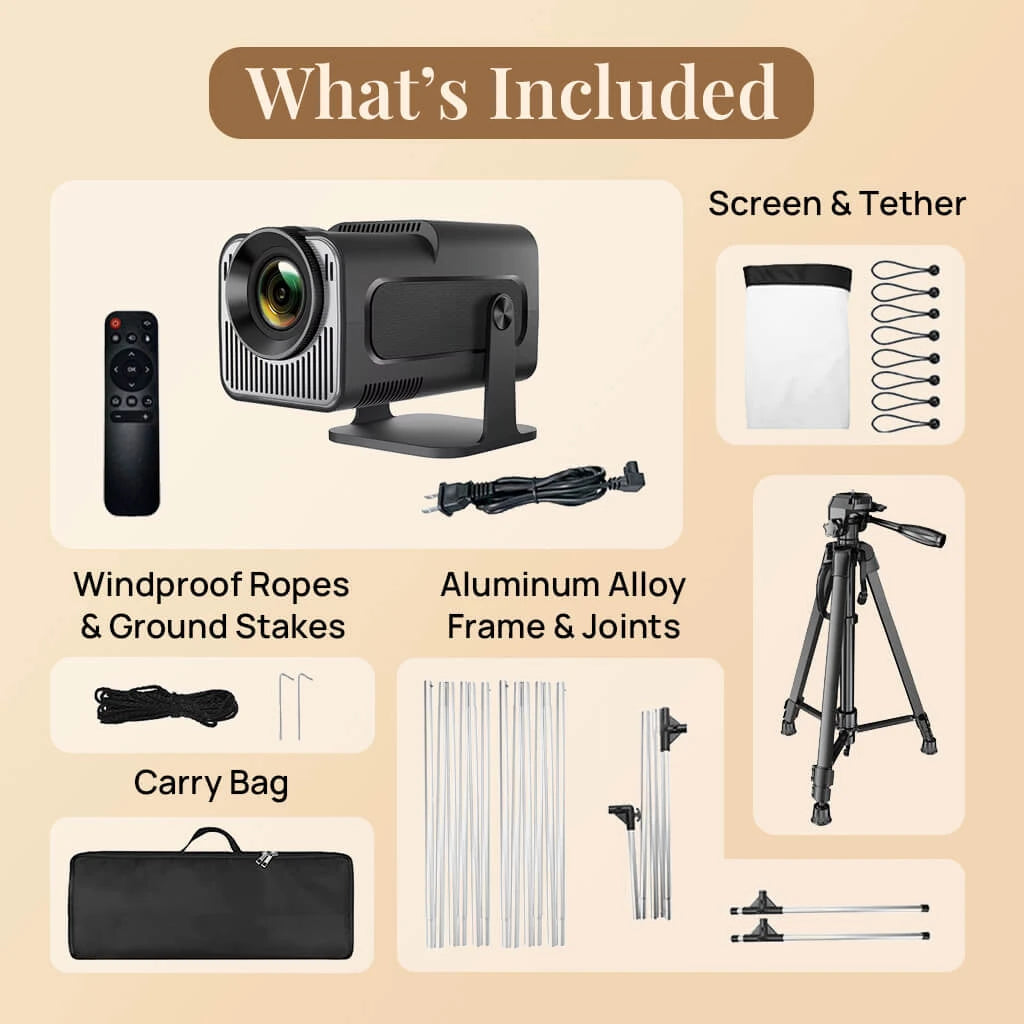 List of included items in the Vistacube kit, comprising the projector, tripod, and essential accessories to build the projection screen.