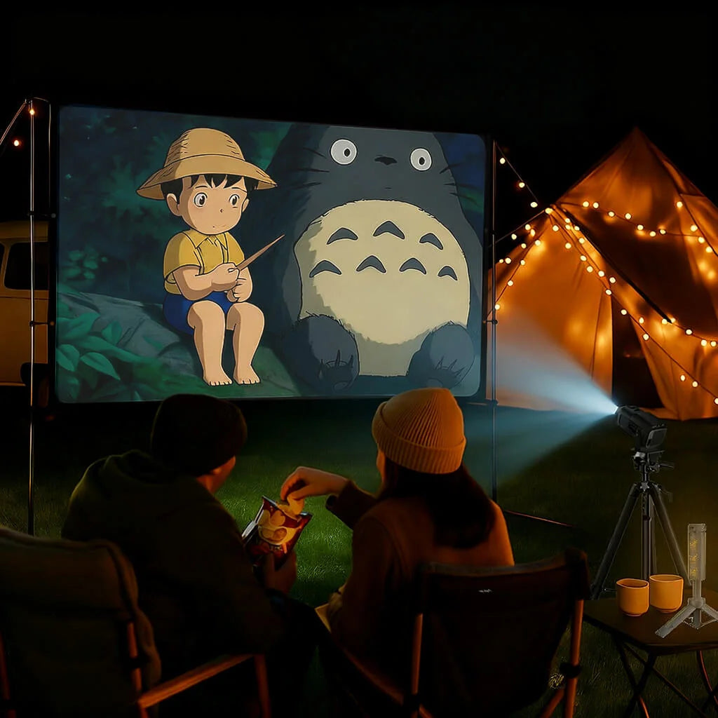 Vistacube screen and projector operate reliably and sturdily at outdoor campsites, allowing couples to fully enjoy their camping nights.