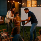 Family adjusting the tripod of VistaCube projector in the yard, with the projection screen mounted.