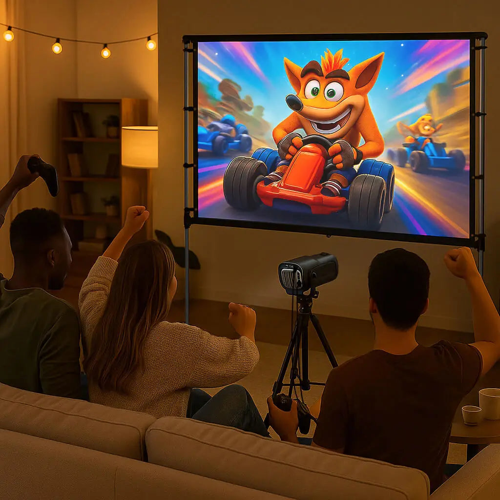 Friends enjoying game night in a cozy living room with live game streaming via Vistacube.