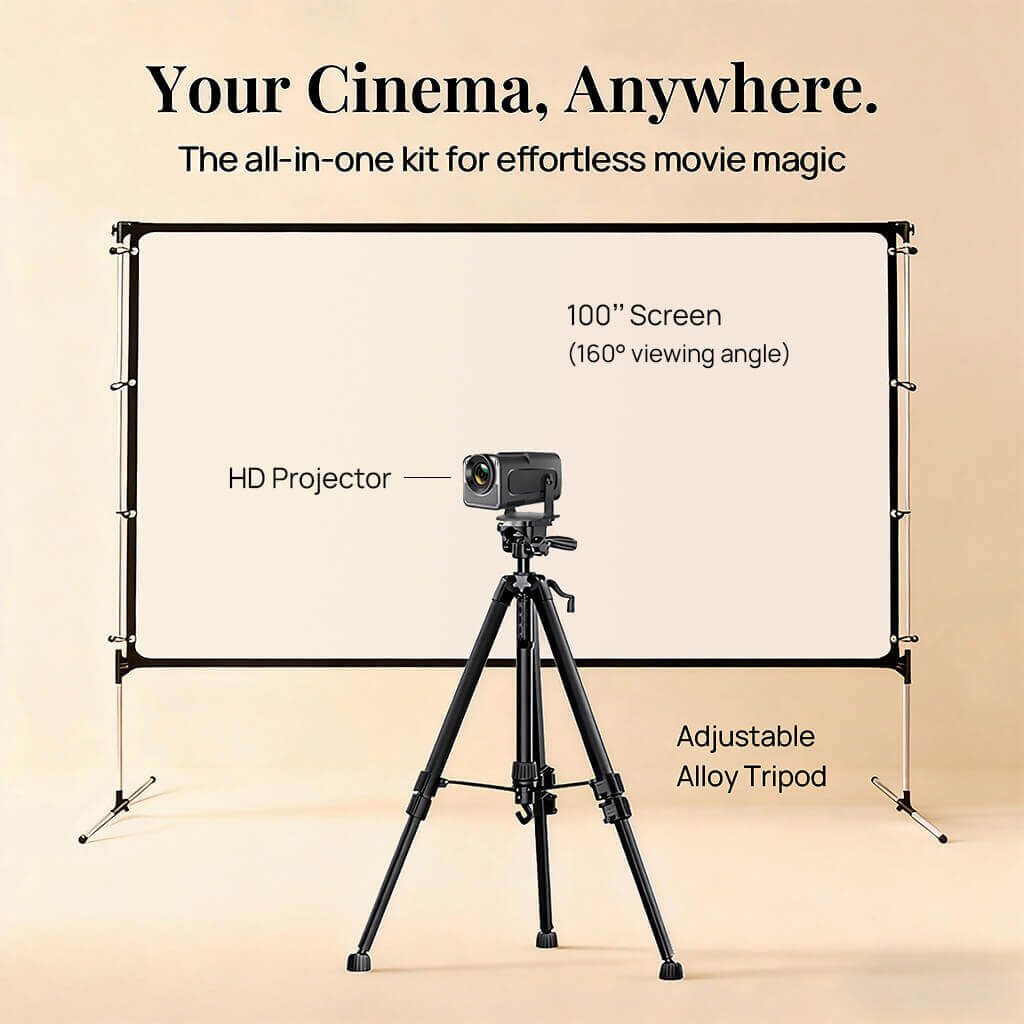 Vistacube HD projector and 100-inch screen setup with text 'Your Cinema, Anywhere.'