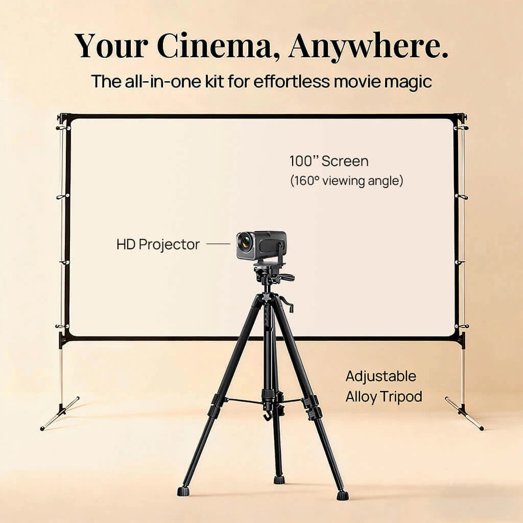 Vistacube HD projector and 100-inch screen setup with text 'Your Cinema, Anywhere.'