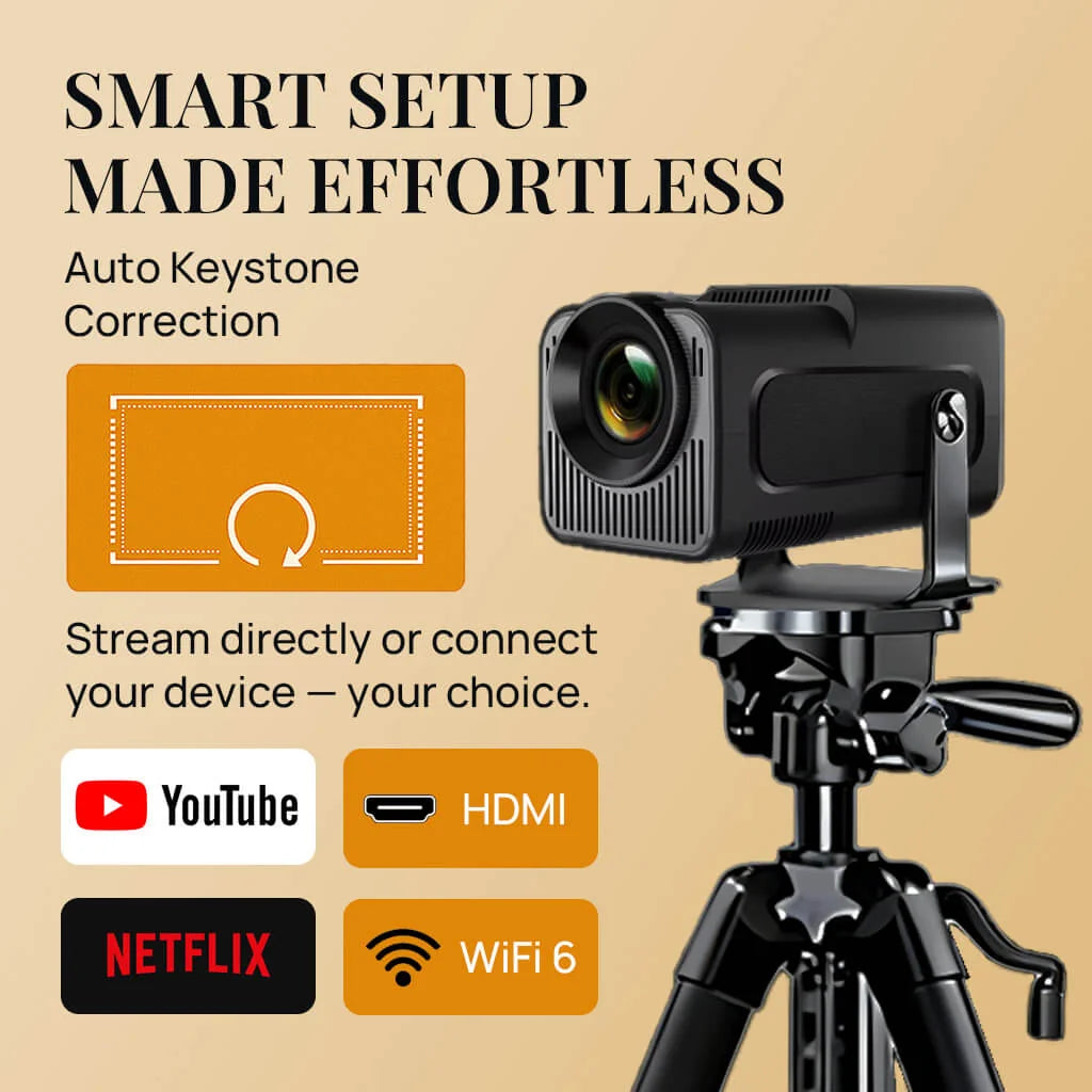 Vistacube projector on the tripod highlights its convenient and hassle-free functionality.