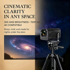 Vistacube projector on the tripod with night sky and galaxy image, text about cinematic clarity and specifications.